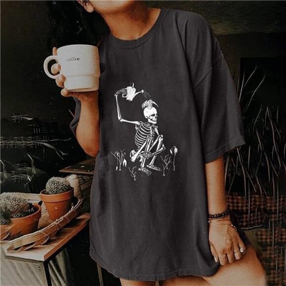 Boho‎ Skeleton Graphic Printed Oversized T Shirt Goth Skull Short Sleeve Tee Top - Picture 2 of 6